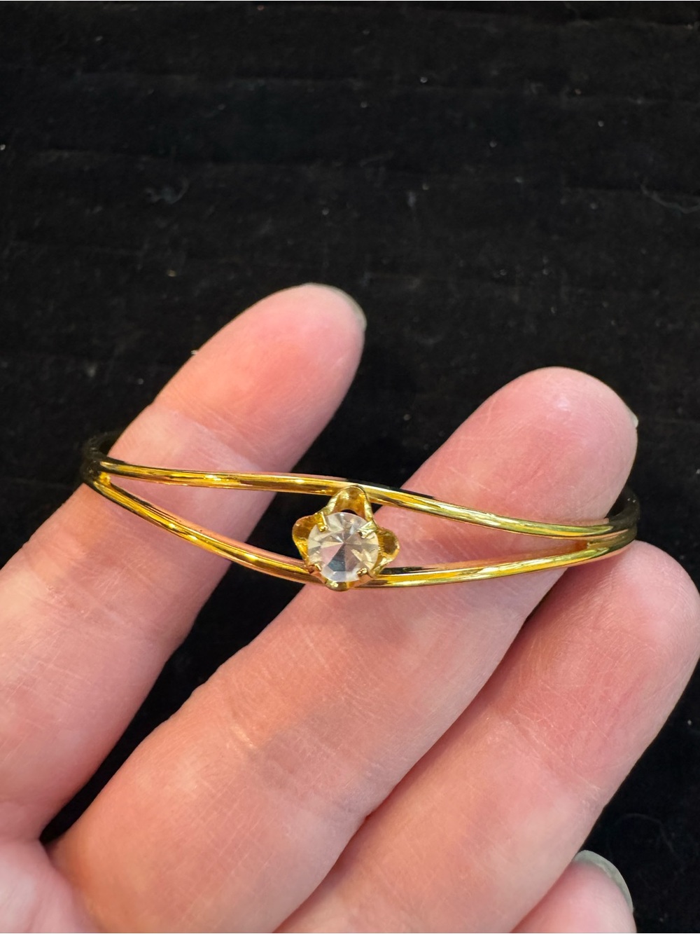 Gold Tone Open Cuff Bangle Bracelet Clear Crystal Rhinestone Minimalist Jewelry